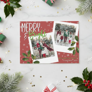 Modernes Merry & Bright Red Snowflake Holly Foto Feiertagskarte