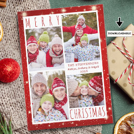 Modernes MERRY CHRISTMAS 4 Foto Collage Red Lights Feiertagskarte