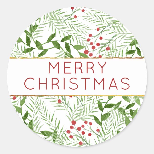 Modernes MERRY CHRISTMAS Blätter Berries Holiday Runder Aufkleber (Vorderseite)