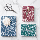 Modernes MERRY CHRISTMAS Snowflake Red Green Blue Geschenkpapier Set<br><div class="desc">Modernes GIF-Blatt Set von 3 mit whimsical oder rustikalen Typografie eines MERRY CHRISTMAS Gruß und Schneeflocken Muster auf einem Trio von Juwel Töne von Rot,  Grün und Blau.</div>