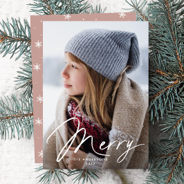 Modernes Merry Signature Script Dusty Rose Foto Feiertagskarte