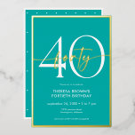 Modernes Minimal Aqua Gold Script Geburtstag Folieneinladung<br><div class="desc">Die moderne und schicke Einladung zum Geburtstag verbindet klassisches Aqua und Weiß mit Akzenten echter Goldfolie. Es ist minimales Design ist ein einfaches und lustiges Design,  um den Meilenstein Geburtstag zu feiern. Diese Version der Karte hat einen skurrilen kleinen Polka-Punkt zurück. Erstellt von der einfachen Farmhouse Press.</div>