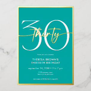 Modernes Minimal Aqua Thirty Script Geburtstag Folieneinladung