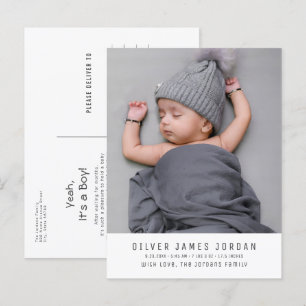 Modernes Minimal Baby Boy Birth Announcement Foto Postkarte
