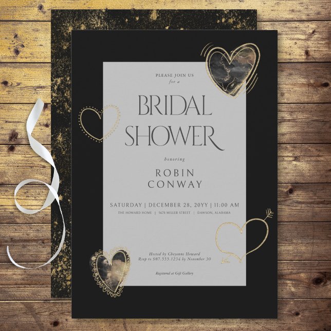 Modernes Minimal Black & Gold Hearts Brautparty Einladung (Modern Minimal Black & Gold Hearts Bridal Shower Invitation)