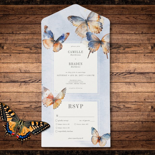 Modernes Minimal Blue & Rust Butterfisch Abendesse All In One Einladung (Modern Minimal Blue & Rust Butterflies Dinner All In One Invitation)