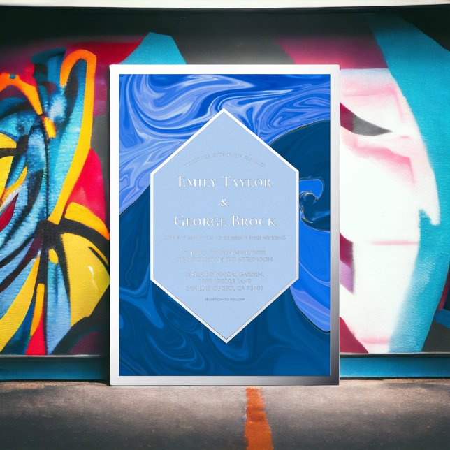 Modernes Minimal Blue Waves Abstrakter Hochzeitssi Folieneinladung (Von Creator hochgeladen)