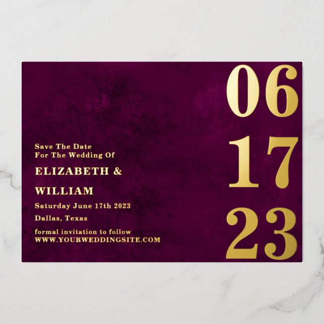 Modernes Minimal Burgundy Gold Foto Save the Date Folieneinladung (Vorderseite)