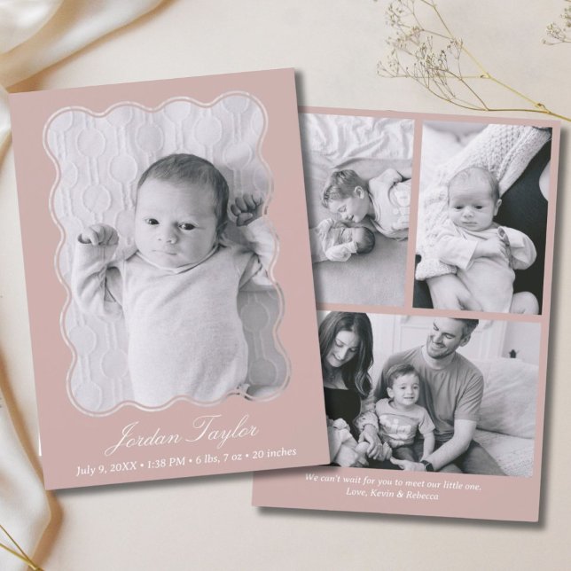 Modernes Minimal Dusty Pink Neugeborene Geburt Ankündigung (Modern Minimal Dusty Pink Newborn Baby Birth Announcement)