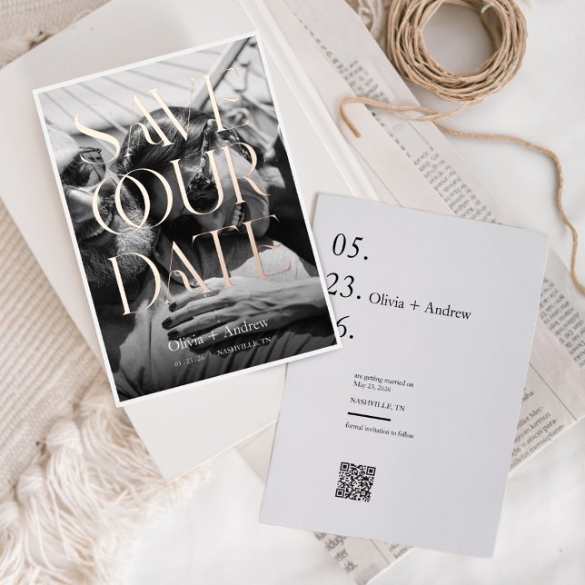 Modernes Minimal Editorial Style Foto Save the Dat Folieneinladung (Modern Minimal Editorial Style Photo Save the Date Foil Invitation)