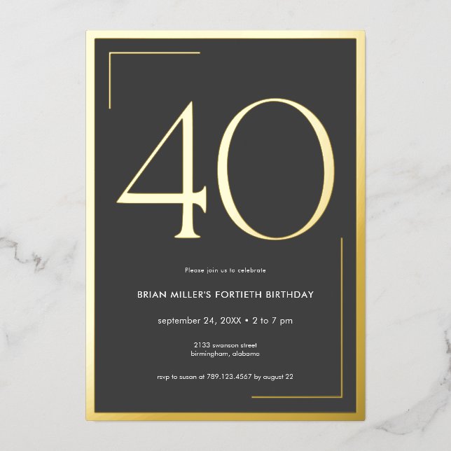 Modernes Minimal Elegant Fortieth Birthday Folieneinladung (Vorderseite)
