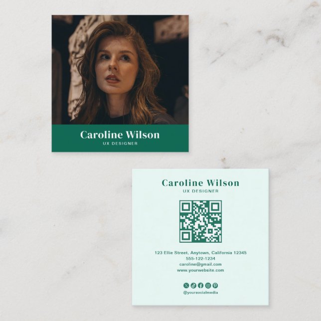 Modernes Minimal-Emerald-Fotograf QR-Code-Foto Quadratische Visitenkarte (Vorne/Hinten)