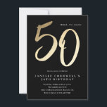 Modernes Minimal Gold 50. Geburtstag Einladung<br><div class="desc">Moderne minimalistische 50. Geburtstagsfeier Einladung mit stilvollen Imitate Gold-Folie Nummer handschriftlich Drehbuch 50 und Ihr Party Details in klassischen Serif-Schriftart auf schwarzem Hintergrund,  einfach und elegant,  große Überraschung Erwachsenenstein Geburtstagseinladung für Männer und Frauen. Die schwarze Hintergrundfarbe kann in jede beliebige Farbe geändert werden.</div>