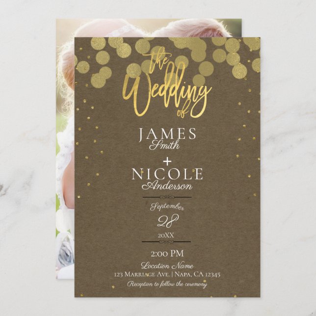 Modernes Minimal Gold Confetti Foil Foto Hochzeit Einladung (Vorne/Hinten)