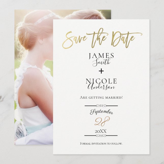 Modernes Minimal Gold Foil Full Foto Save the Date Einladung (Vorne/Hinten)