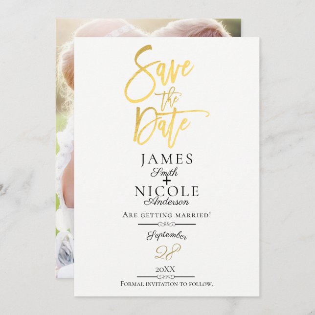 Modernes Minimal Gold Foil Full Foto Save the Date Einladung (Vorne/Hinten)