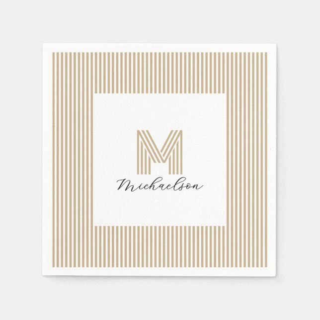 Modernes Minimal Gold Streifen Monogramm Serviette (Vorderseite)