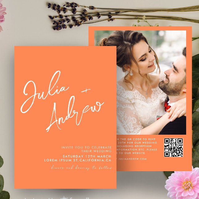 Modernes Minimal-Kalligrafie-QR-Foto Hochzeit Einladung (Von Creator hochgeladen)