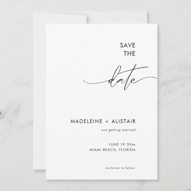 Modernes Minimal-Kalligraphie-Script Schwarz-weiß Save The Date (Vorderseite)