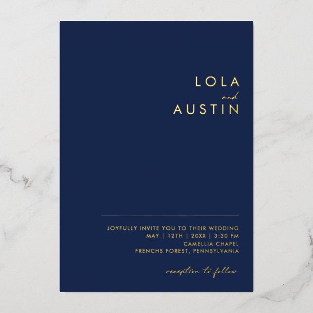 Modernes Minimal | Lässige Hochzeit von Navy und G Folieneinladung (Vorderseite)