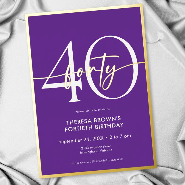Modernes Minimal Lila 40 Script Geburtstag Folieneinladung (Modern Minimal Purple Forty Script Birthday Foil Invitation)