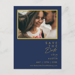 Modernes Minimal Navy Blue Gold Foto Save the Date Einladungspostkarte