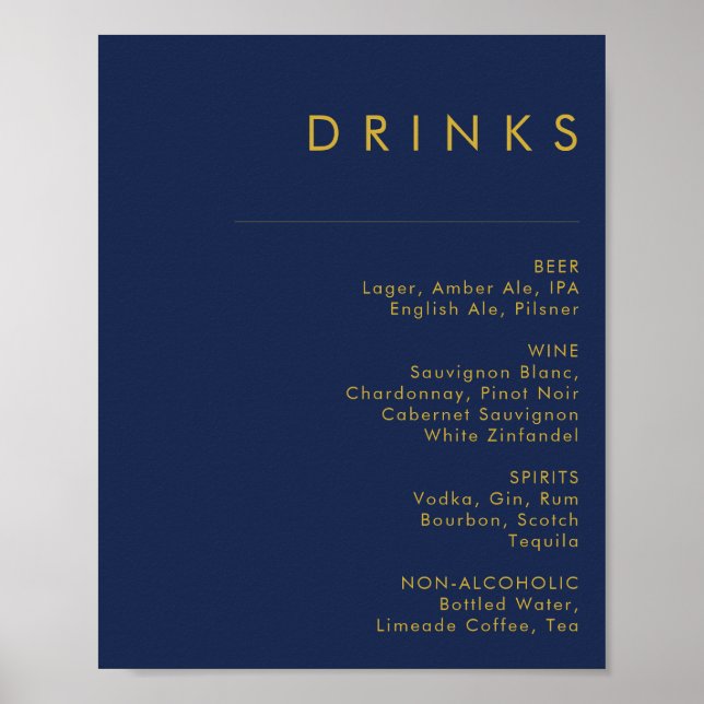 Modernes Minimal Navy Blue Gold Wedding Drinks Men Poster (Vorne)
