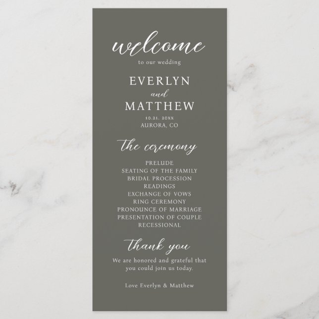 Modernes Minimal Olive Gray Hochzeitsprogramm (Vorderseite)