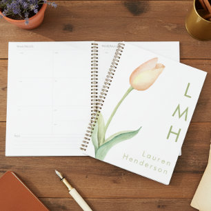 Modernes Minimal Pfirsichfarben Tulip Monogramm Planer