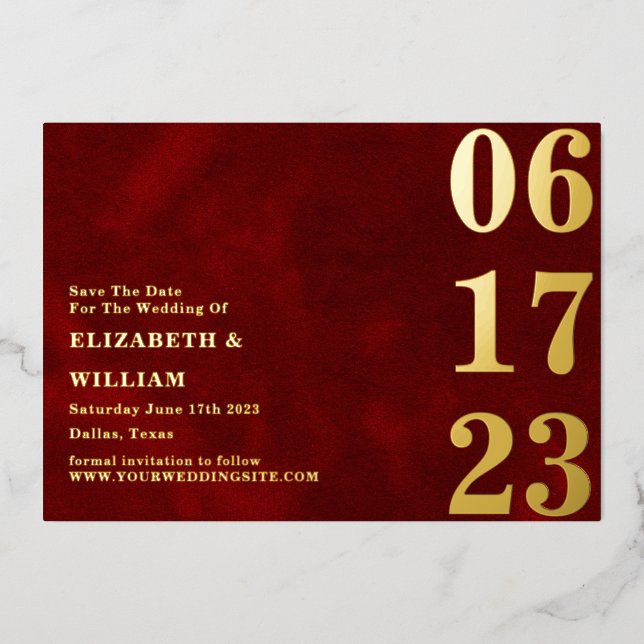 Modernes Minimal Red Gold Foto Save the Date Folieneinladung (Vorderseite)