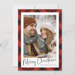 Modernes Minimal Red Tartan Kariertes Foto Weihnac Feiertagskarte