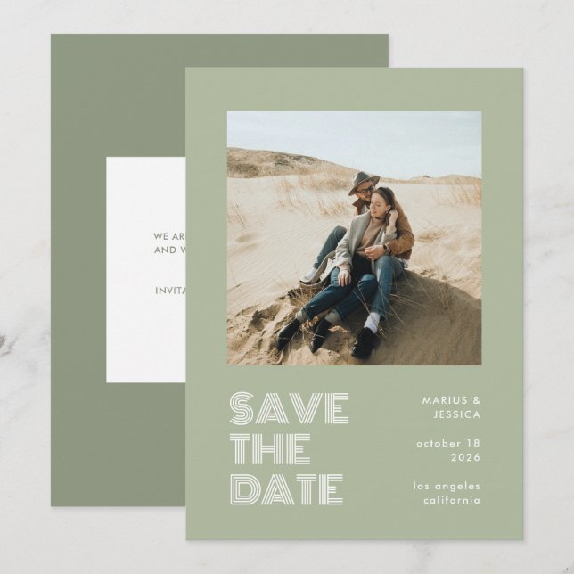 Modernes Minimal Sage Green Typografy Foto Hochzei Save The Date (Vorne/Hinten)