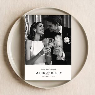 Modernes Minimal Schwarz-Weiß-Script-Foto Hochzeit Dankeskarte