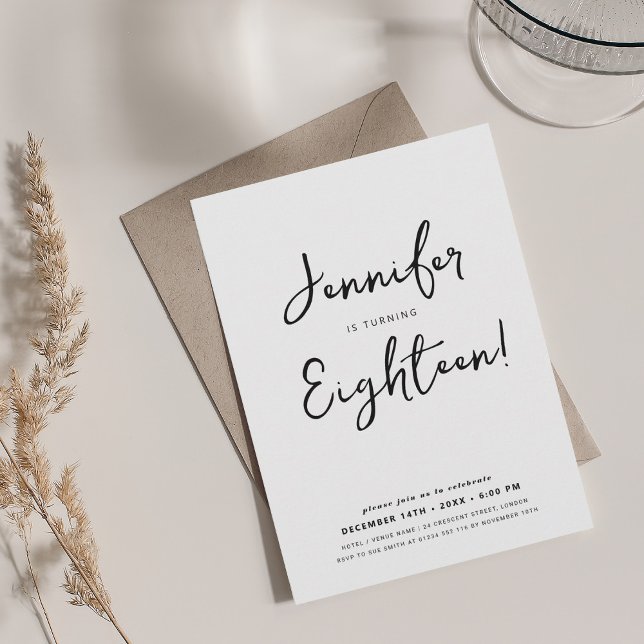 Modernes Minimal Script 18. Geburtstag Schwarz & W Einladung (Modern Minimal Script 18th Birthday Black & White Invitation)