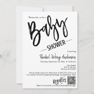 Modernes Minimal Script Baby Shower QR Code Foto Einladung