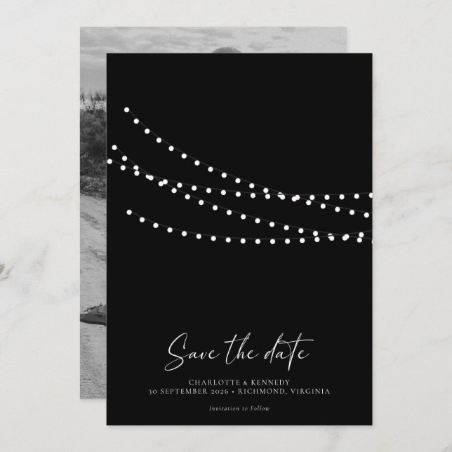 Modernes Minimal String Lights Foto Save the Date (Vorne/Hinten)