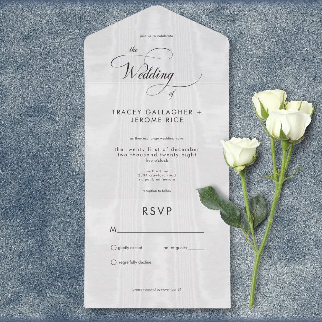 Modernes Minimal weißes Satin Taffeta Kein Abendes All In One Einladung (Modern Minimal White Satin Taffeta All In One Wedding Invitation without Dinner Options)