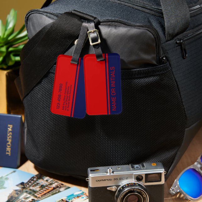 Modernes, minimales 2-Farbdesign mit Name Blue Red Gepäckanhänger (Vorderseite & Rückseite)