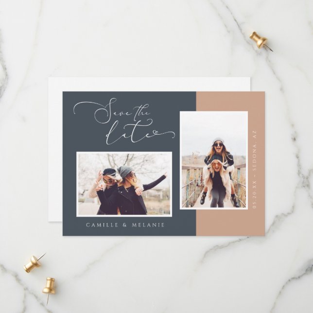 Modernes, minimales Elegant Navy & Tan Two Tone Fo Save The Date (Vorderseite/Rückseite Beispiel)
