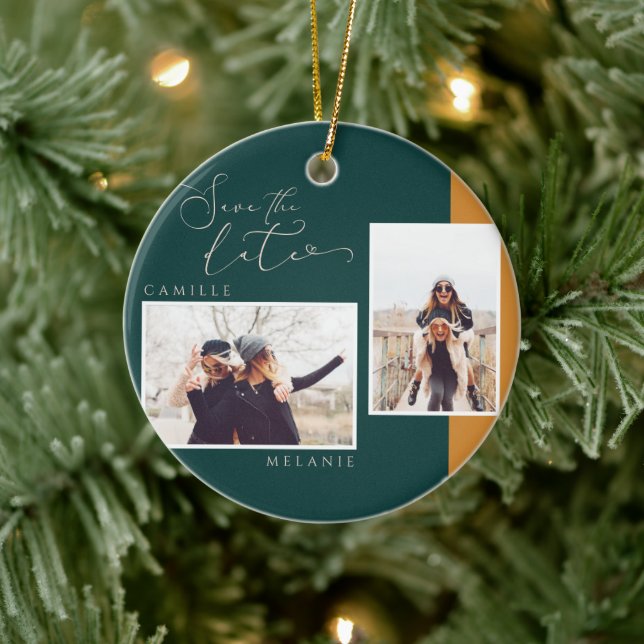 Modernes, minimales Elegantes Gold & Aquamarin Zwe Keramik Ornament (Baum)