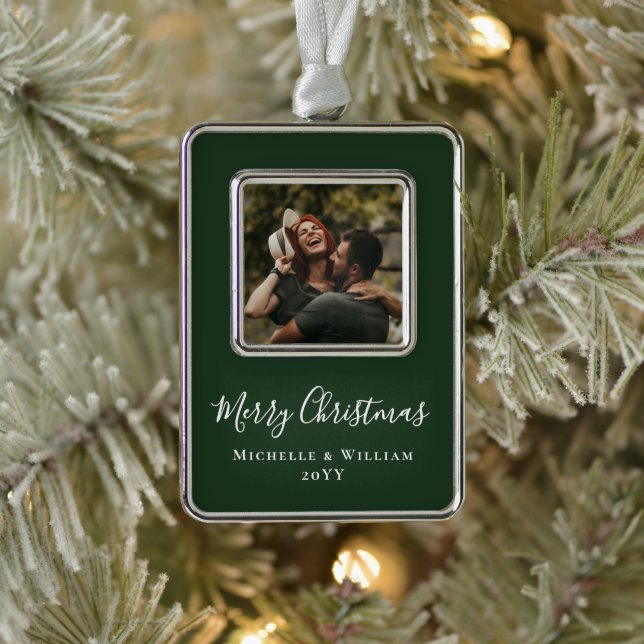 Modernes Minimales Foto Weihnachtskritik Grün Rahmen-Ornament Silber (Baum)