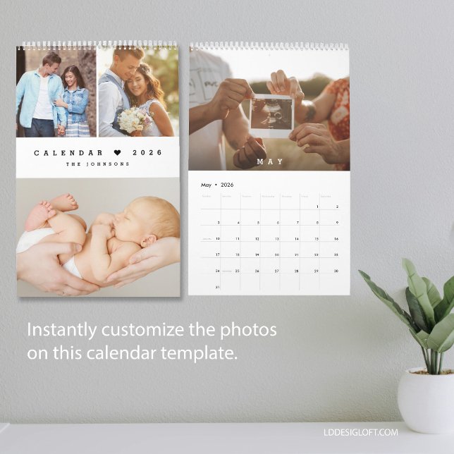 Modernes Minimales Herz individuell anpassbares Fo Kalender (EASY TO USE modern customizable family photo calendar.)