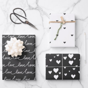 Modernes, minimales Schwarz-Weiß-Valentin Geschenkpapier Set
