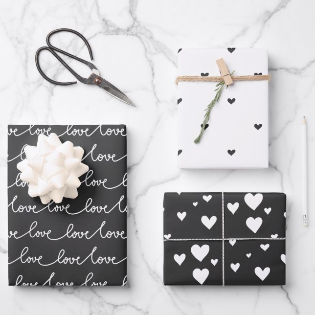 Modernes, minimales Schwarz-Weiß-Valentin Geschenkpapier Set (Vorderseite)