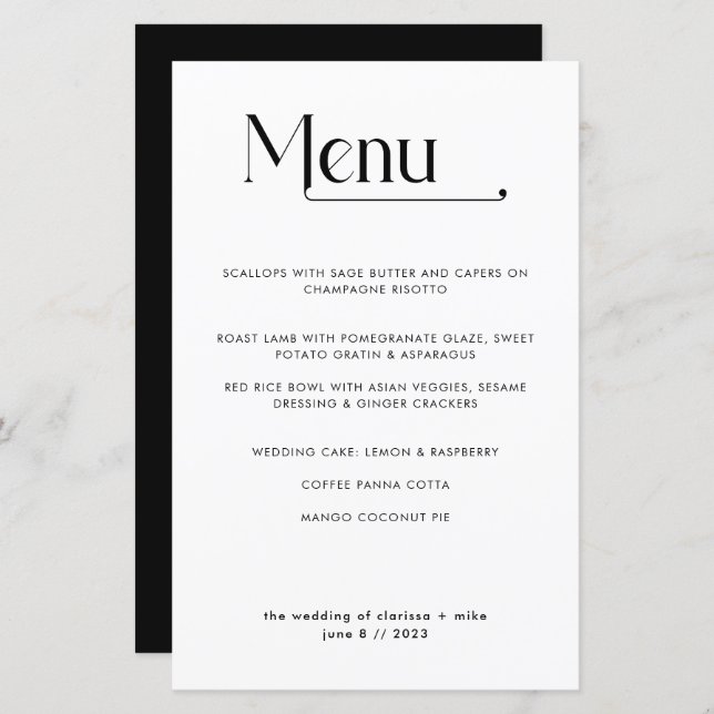 Modernes minimales Typografie Dinner Wedding Menu (Vorne/Hinten)