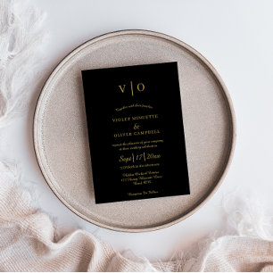 Modernes Minimalistisch   Black Gold Monogram Wedd Einladung