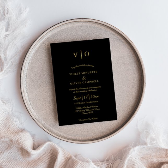 Modernes Minimalistisch | Black Gold Monogram Wedd Einladung (Von Creator hochgeladen)