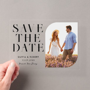 Modernes Minimalistisch-Chic-Foto-Hochzeit retten Acryleinladungen