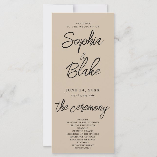 Modernes Minimalistisch Dark Vanilla Hochzeitsprog (Vorderseite)