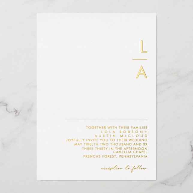 Modernes Minimalistisch | Gold Monogram Wedding Re Folieneinladung (Vorderseite)